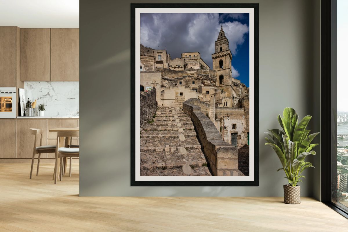 Visitors walk up the stone steps in Matera Italy