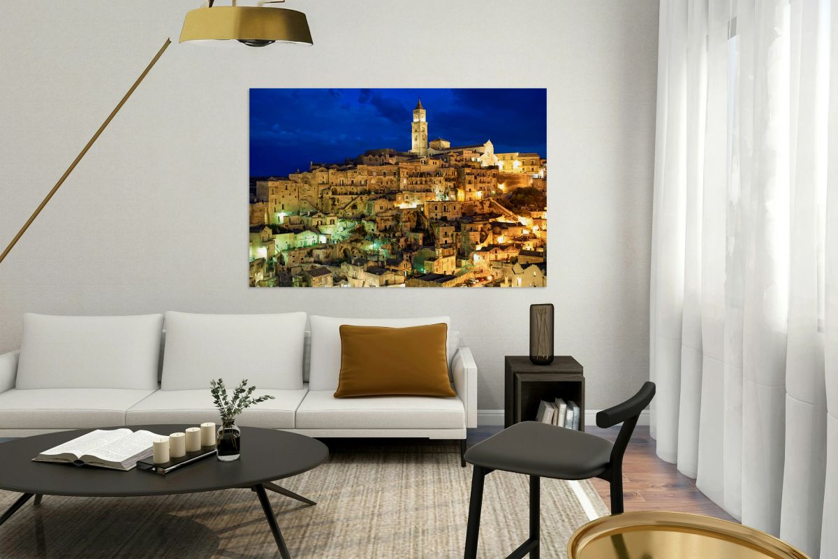 Matera cityscape at night with illuminated buildings