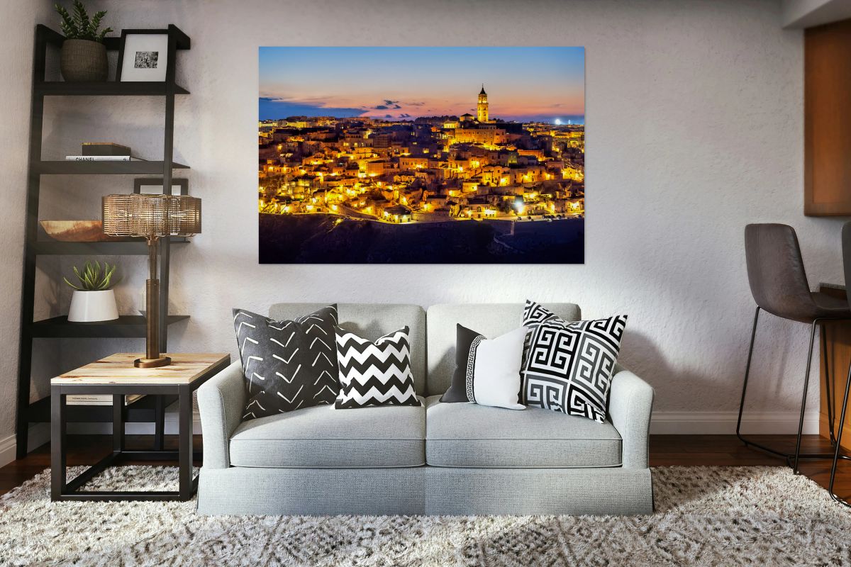 Matera cityscape at sunset shows sassi di Matera glow