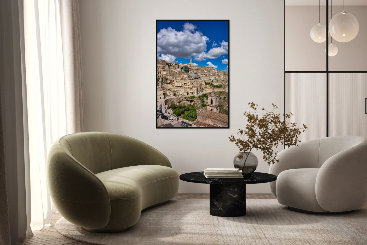 Cityscape of Sassi di Matera in Italy under a blue sky