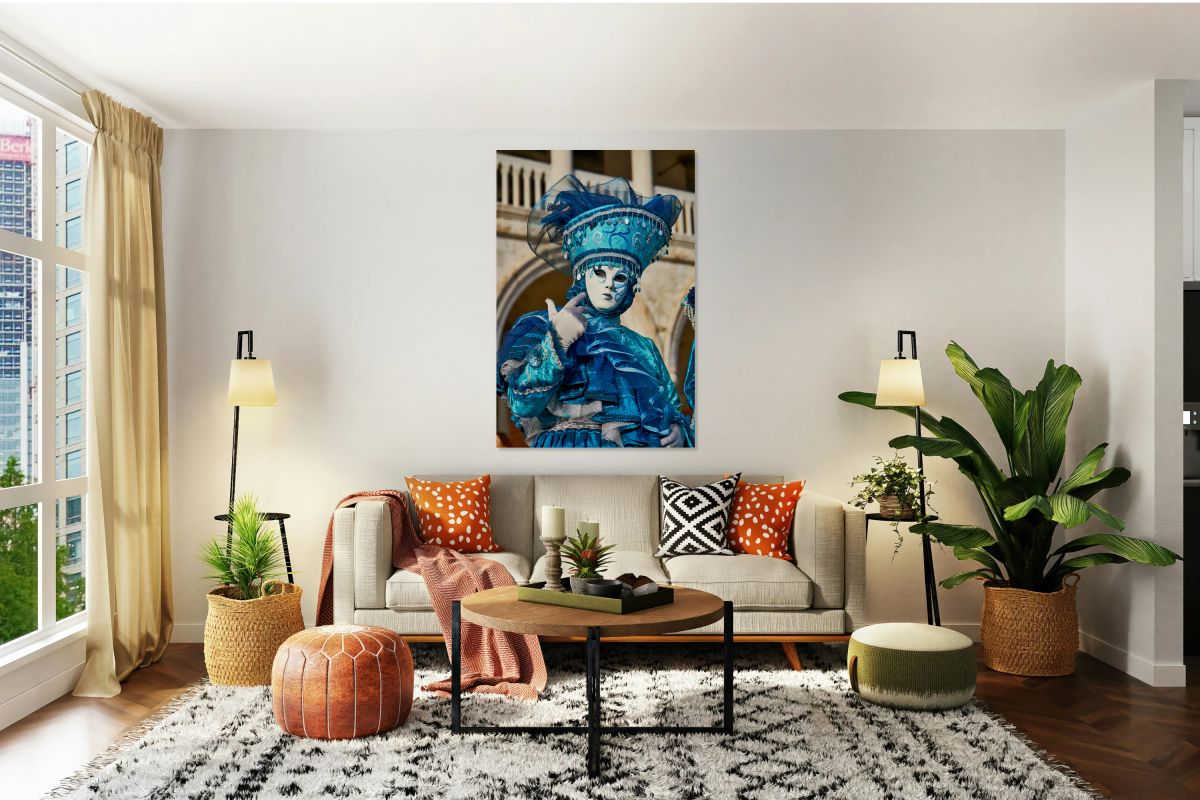 People in blue masks at Venice Carnival in Italy