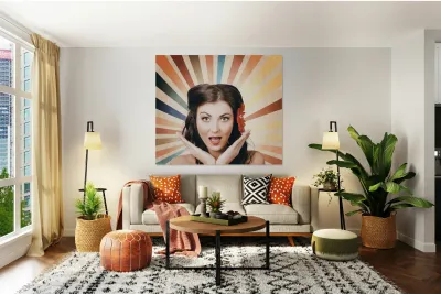 Beautiful retro brunette girl with surprised look Reproduction