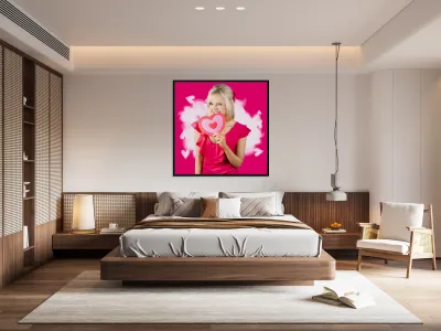 Cute love hungry girl eating big red heart Reproduction