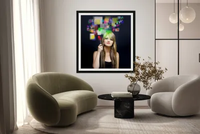 Woman accessing digital media with touch screen Reproduction