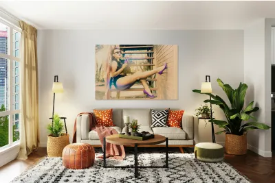 Eighties pinup woman drinking pop art soda Reproduction