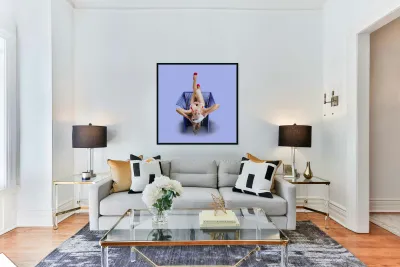 American pinup woman upside down on cane chair Reproduction