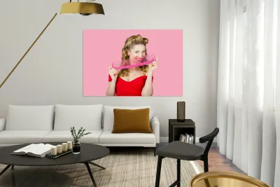 Beauty salon pinup girl smiling with haircare comb Reproduction