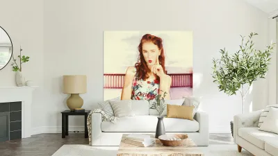 Retro clip art of a thinking pin-up woman Reproduction