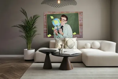 Nerd man holding earth world globe in classroom Reproduction