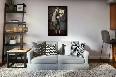 Army pinup girl at rifle range. Bullet proof Reproduction