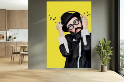 Funny Man Wearing Headphone On White Background Reproduction