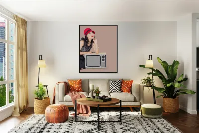 Woman on retro TV. Fifties broadcast Reproduction