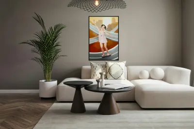 Beautiful smiling skater woman. City skateboarding Reproduction