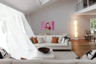 Funny hairdresser with cute hairdo. Pin up haircut Reproduction