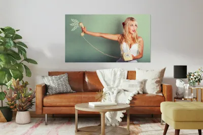 Comic Portrait Of A Blond Pin-up Girl With Phone Reproduction