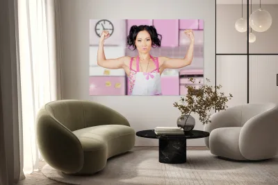 Funny cleaning pinup woman with clean strength Reproduction