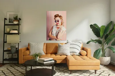 Glamorous Retro Blonde Girl Thinking Fashion Ideas Reproduction