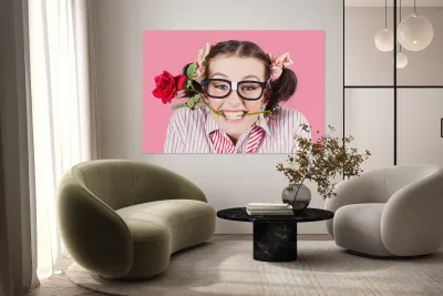 Cute Smiling Woman Wearing Nerd Glasses With Rose Reproduction