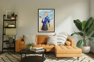 Young retro woman on a tropical beach vacation Reproduction