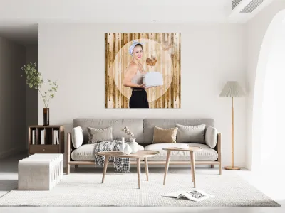 Female breakfast waiter with hot toast in toaster Reproduction