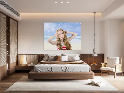 Beautiful girl wearing summer make-up on beach Reproduction