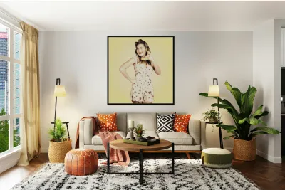 Funny pin-up model in conversation on banana phone Reproduction