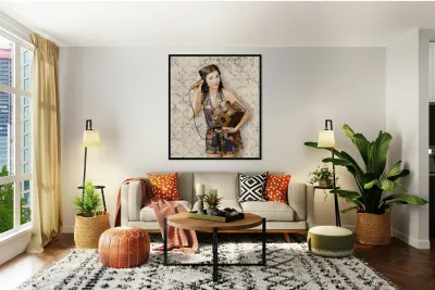 Cute housewife in 50s style on vintage phone Reproduction