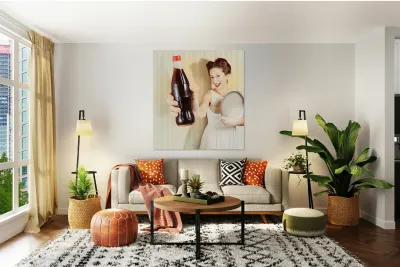 Female pin-up waiter serving drink at summer party Reproduction