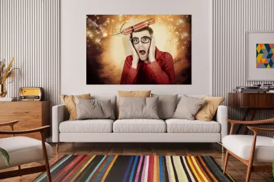 Nerd business man shouting out in fear of a bomb Reproduction