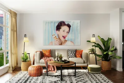 Cool pin-up woman in cold freezer with ice-cream Reproduction