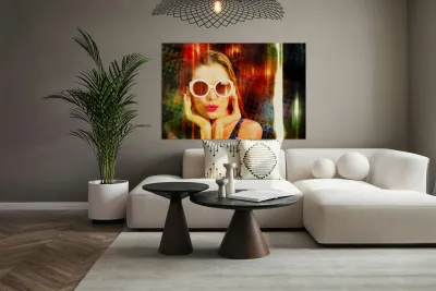 Young retro woman listening to earphones Reproduction