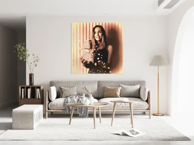 Vintage cinema girl with movie popcorn. Retro film Reproduction