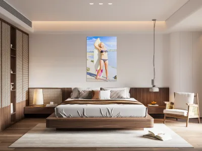 Blonde Surfboarder With Surfboard At Beach Reproduction