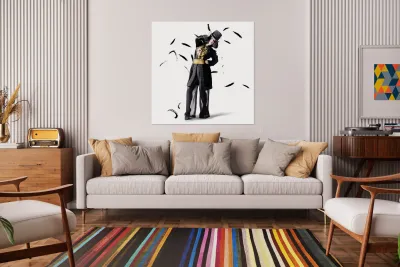 Entertainer dancing among falling feathers Reproduction