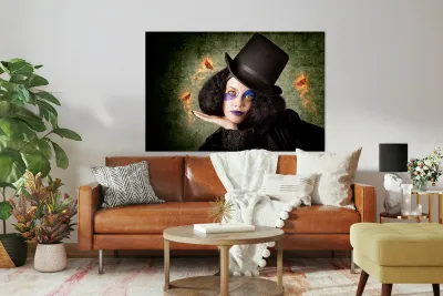 Stylish female magician performing magic trick Reproduction