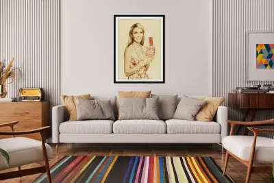 Vintage Woman With Pop Corn And Movie Tickets Reproduction