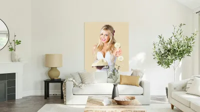 Smiling Woman with Retro Telephone Reproduction