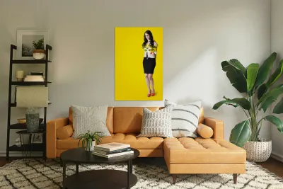 Creepy homicide girl standing undead on yellow Reproduction