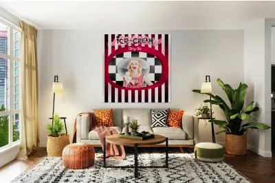 Beautiful blonde woman serving ice cream Reproduction