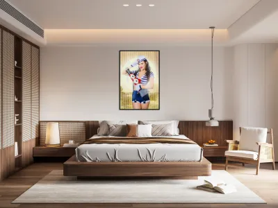 Pinup portrait of young happy naval woman Reproduction