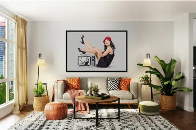 Lovely asian pinup girl posing on vintage tv set Reproduction