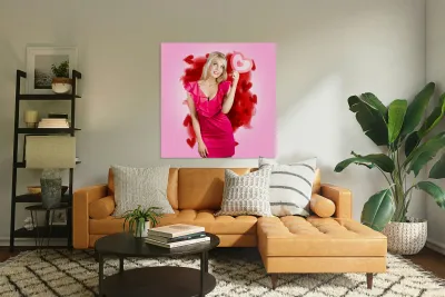 Perfect blond girl holding valentine heart sign Reproduction