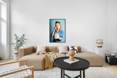 Sixties Woman Holding Vintage Telephone Handset Reproduction