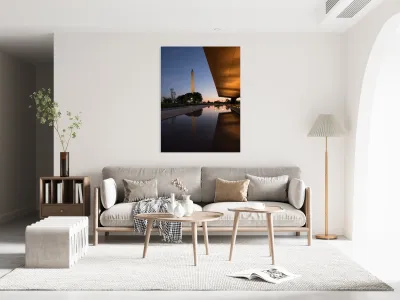 Reflection of Washington in reflecting pool at sunset Reproduction