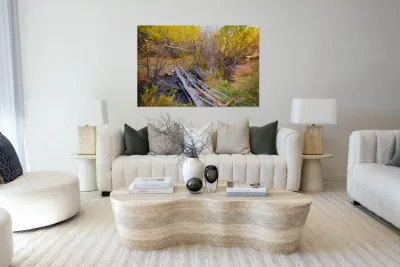 Rustic Log Bridge in Golden Autumn Forest – Serene Fall Creek  Reproduction