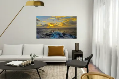 Ocean Sunset: Captivating Waves & Golden Sky Bliss Reproduction