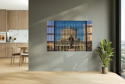 Reflection of McKinley statue and State Capitol building in Colu Reproduction