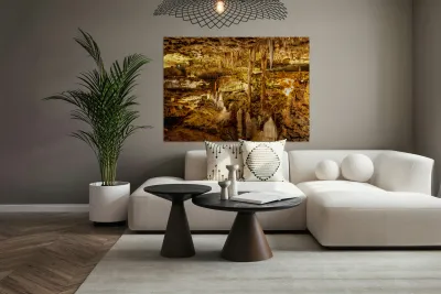 Geologic formations of stalactites and stalagmites in Texas cave Reproduction