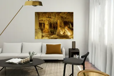 Geologic formations of stalactites and stalagmites in Texas cave Reproduction