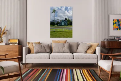 Waioli Huiia Church stands in Hanalei Kauai with the majestic  Reproduction